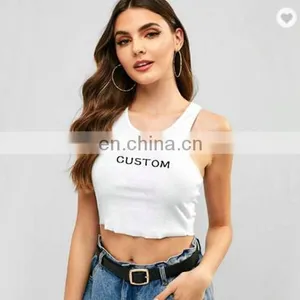 The Latest Ladies Custom Logo Print Manufacturers Sleeveless Crew Neck Strap Cotton Spandex Knitted Women Crop Top thumbnail-1