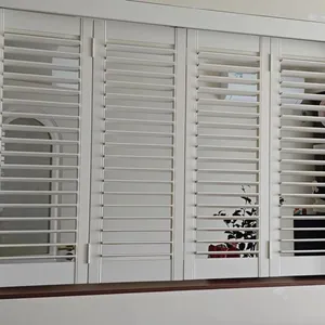 White Color 100% Custom Made Basswood Window Shutter Bi-folding Panels With Tracking Rail thumbnail-1