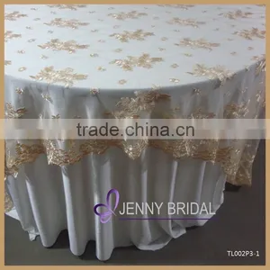 TL002P3-1 High Quality Gold Embroidery Lace Round Wedding Table Overlay Quality Choice thumbnail-1