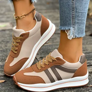 White Playful Contrast Color Detail Lace Up Womens Sneakers Girl Brown Varsity Color Block Patchwork Lace-up PU Leather Sneakers Wholesale thumbnail-3