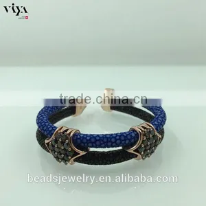 2016 Fashion Silver Plated Black Colors Genuine Leather Bracelet Custom Men Yellow Python Leather thumbnail-5