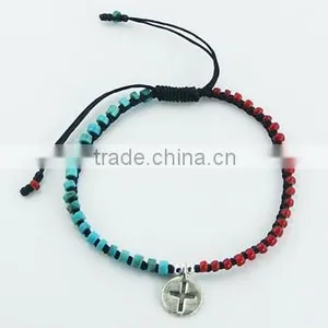 Macrame Bracelet Silver Charm Disc Turquoise and Glass Beads thumbnail-1