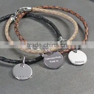 Leather Bracelet Multicolor Braided Simple Bracelet With Coin Engravable Pendant Unisex Style thumbnail-1