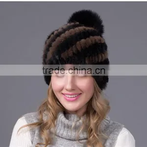 Winter Rabbit Fur Pompom Hat Brown Women Mink Fur Hat Knitted Mink Hat thumbnail-3
