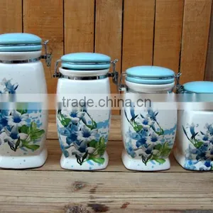 Elegant Ceramic Airtight Food Canisters With Blue Morning Glory Decal thumbnail-1