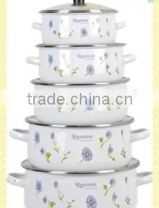 Elegant Light Blue Flower Decal White Enamel Cooking Pot Set 5 Pcs Cast Iron Stew Pot thumbnail-1
