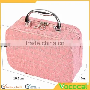 PU Leather Cosmetic Makeup Box Case Toiletry Organizer Storage Handbag With Mirror Crocodile Pattern Pink thumbnail-3