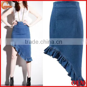 2015 New Fashion Asymmetrical Ruffled Denim Pencil Mini Short Skirt thumbnail-1