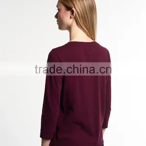2017 Hot Selling Guangzhou Shandao New Style Women Autumn Casual Wine Red 3/4 Sleeve Round Neck Embroidered Rayon Tops thumbnail-2