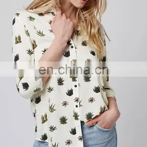 Latest Fashion Blouse Design Long Sleeve Printed Cactus Women Model Simple Design Blouse thumbnail-2