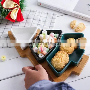 2022 Christmas Tree Decorative Dry Fruit Snack Tray Restaurant Dessert Bamboo Tray Wooden Serving Ceramic Plate thumbnail-1