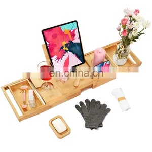 Luxury Extendable Bathtub Caddy Trays Natural Bamboo Bathroom Bed Organizer Tray Bamboo Bathtub Caddy Tray thumbnail-1