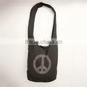 New Stylish Marked Crystal Peace Sign Hobo Hippie Sling Bag Crossbody Canvas Hippie Bag thumbnail-2