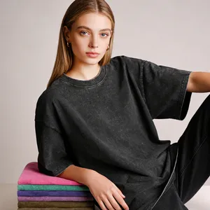 Pure Cotton T-shirt, Heavyweight European and American Style Short Sleeved Trendy Brand, European Loose Shoulder Large Sand Washed T-shirt thumbnail-1