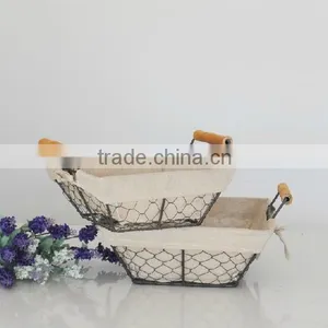 Factory Wholesale Handmade Iron Wire/chicken Wire Basket With Two Handles and Fabric Lining thumbnail-1