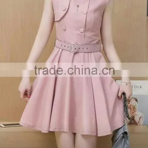 [FFD0037] Ladies Crew Neck Front Layered Button Built-in-self-belt Mini Dress thumbnail-1