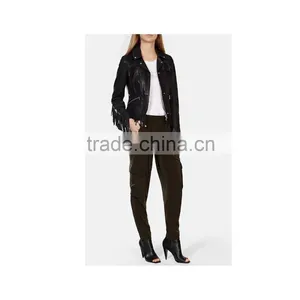 Lady's Genuine Sheepskin Leather Fringe Jacket, Black thumbnail-6