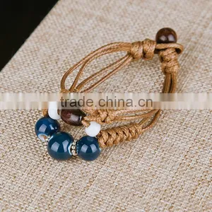 Handmade Vintage Porcelain Beads Bracelet Leather Woven Bracelets thumbnail-1