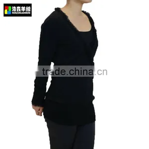 Fringe Trim Cashmere Women Knitted Sweater, Women Black Knitting Pattern Sweater thumbnail-2