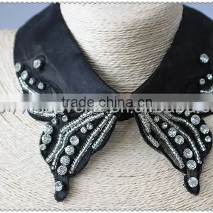 Crystal Beaded Black Flower Necklace, Knitted Flower Collar With Beaded for Garments thumbnail-3