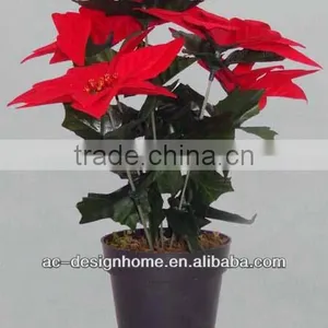 RED ARTIFICIAL VELVET POINSETTIA FLOWER BUSH X 5 W/5 PCS POINSETTIA FLOWER HEAD ON PLASTIC PLANTER thumbnail-1