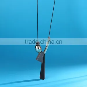 Geometric Wood Bead Pendant Necklace Gold Curved Tube Bead Black Chain Necklace Geomotric Rubber Pendant Long Sweater Necklace thumbnail-5