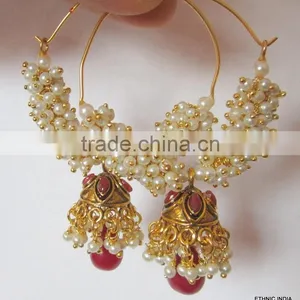 Pearl Hoop Bollywood Gold Tone Dangler Jhumka EARRINGS thumbnail-2