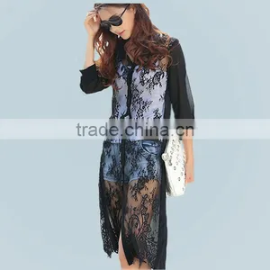 MOQ 1pc Hot Sale With Chiffon and Lace Patchwork Cardigan Long Lace t Shirt,t Shirt Women thumbnail-1