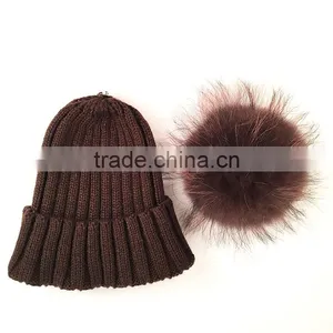 Myfur Men Wool Blend Acrylic Knitted Hat With Fluffy Raccoon Fur Pom Pom thumbnail-3