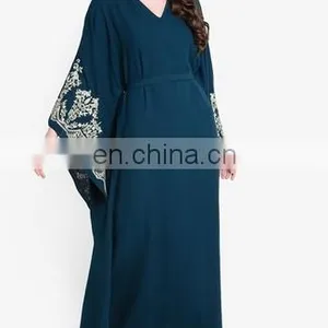 Women V-Neck Blue Abaya Muslim Dress With Embroidery thumbnail-2