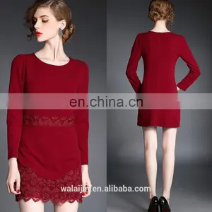 High Quality Ladies Maroon Dress With Lace Trim, Long Sleeve Fashion Autumn Dress thumbnail-1
