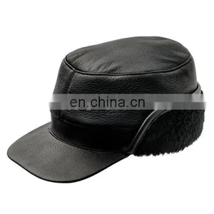 Winter Leather Cap With Earflap Military Cadet Army Flat Top Hat thumbnail-1
