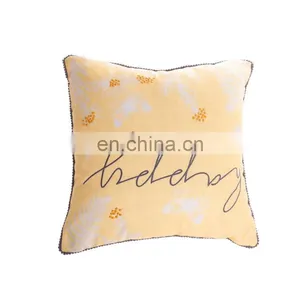 Home Decorative Digital Print and Embroidery Warm Light Yellow Happy Slogan Cushions Covers Pillow Cases With Pom Pom thumbnail-2