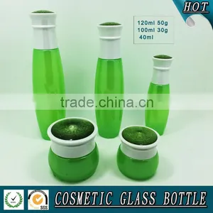 Luxury Cosmetics Packaging Green Colored Cosmetic Glass Bottle and Face Cream Jar thumbnail-1