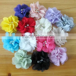 Fabric Chiffon Flower With Pearl Beads Rhinestone in Center for Kids Hair Accessories thumbnail-1