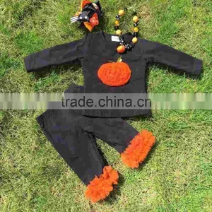 New Arrival Girls Boutique Outfits Kids Halloween Ruffle Pants Sets Long Sleeve Sets Necklace and Headband thumbnail-1