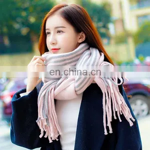 Stripe Woolen Shawl Lovers Tassel Winter Imitation Cashmere Knitted Vertical Thick Scarves thumbnail-1