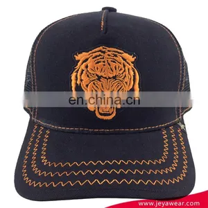 Dongguan Factory High Profile Trucker Hat 5 Panel Black 100%cotton Baseball Cap With Lion Embroidery thumbnail-4
