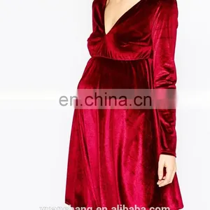 Long Sleeve Maternity Velvet Plunge Front Midi Skater Dress For Women thumbnail-2