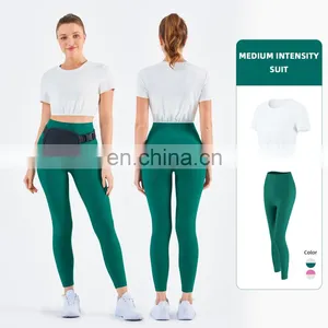Wholesale Gym Ribbed Yoga T Shirt Elastic Legging Sets Custom Fitness Wear thumbnail-1