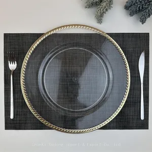 Custom 13 Inch Vintage Party Banquet Plastic Beads Clear Table Charger Plates With Gold Rimmed thumbnail-2