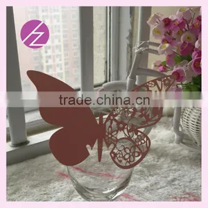 Pink Butterfly Design Laser Cut Pearl Paper Wine Glass Place Card Place Name Cards for Wedding Favor Pupular Hot Sale Design thumbnail-1