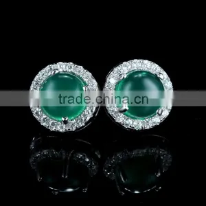 Silver Stering Natural Jade With Paving Setting Ear Studs for Women thumbnail-2