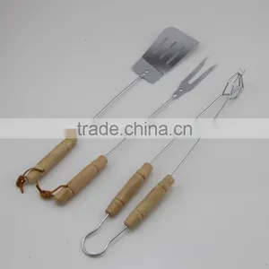 3-Piece Stainless Steel Barbecue Tool Set With Round Wood Handle thumbnail-1