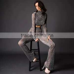 Runwaylover 084 Europe Style Ladies Two Piece Suits , Women Sexy Turtleneck Crop Top And Transparent Casual Pants thumbnail-6