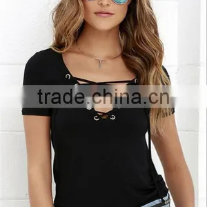 2017 Summer Europe and the United States V Collar Solid Color Tie Female T Shirt Shirt thumbnail-2