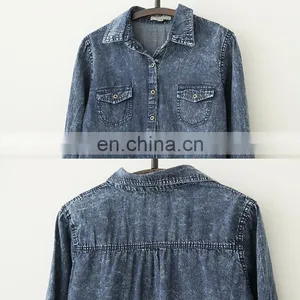 Ladies Simple Design Loose Retro Long Sleeve Denim Shirt thumbnail-4