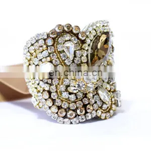 Aidocrystal Handmade Golden Bangle Jewelry Rhinestone Wide Women Bracelet Crystal Color Cuff With Ribbon thumbnail-1