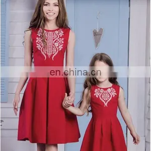 2019 Summer Women Girls Mommy and me Red Solid With Embroidery Flower Sleeveless Knee Length Work (this Link for Girls,1-8years) thumbnail-1