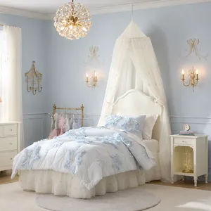 Kids Bed Canopy With Ruffles, Pastel Neutral Color for Boys & Girls, Frilled Cotton Tent Nursery Room Baby Crib Hanging Curtain Mosquito Netting thumbnail-1